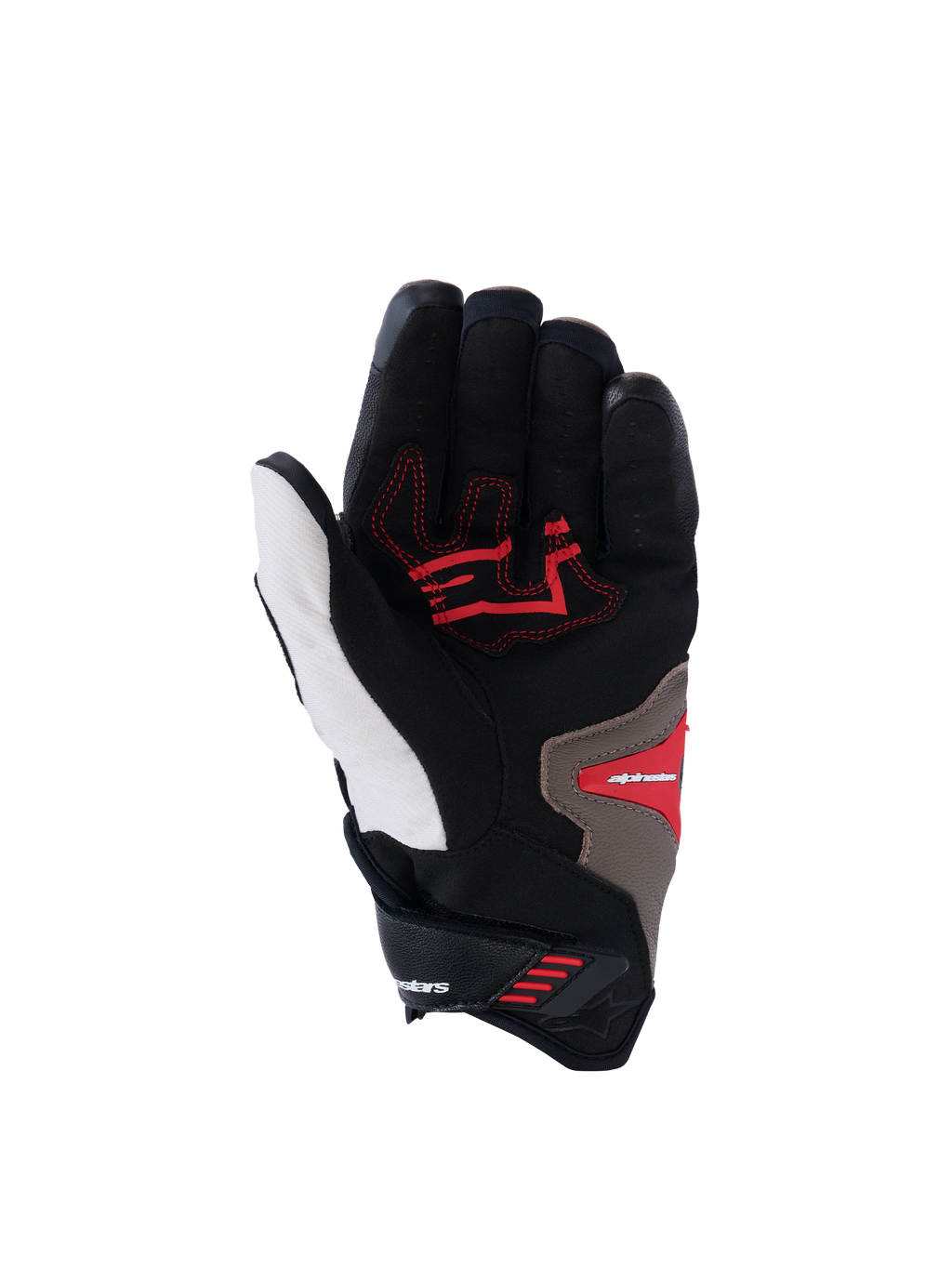 Alpinestars SP-R Pro Handschuhe, Handflächenansicht, Farbgebung Walnut Mastic Black, mit roten Grip-Einsätzen auf einer schwarz-weißen Basis mit hellbraunen Akzenten, Sport-Motorradhandschuhe mit kurzer Stulpe, verstärkte Handfläche und ergonomisches Design.