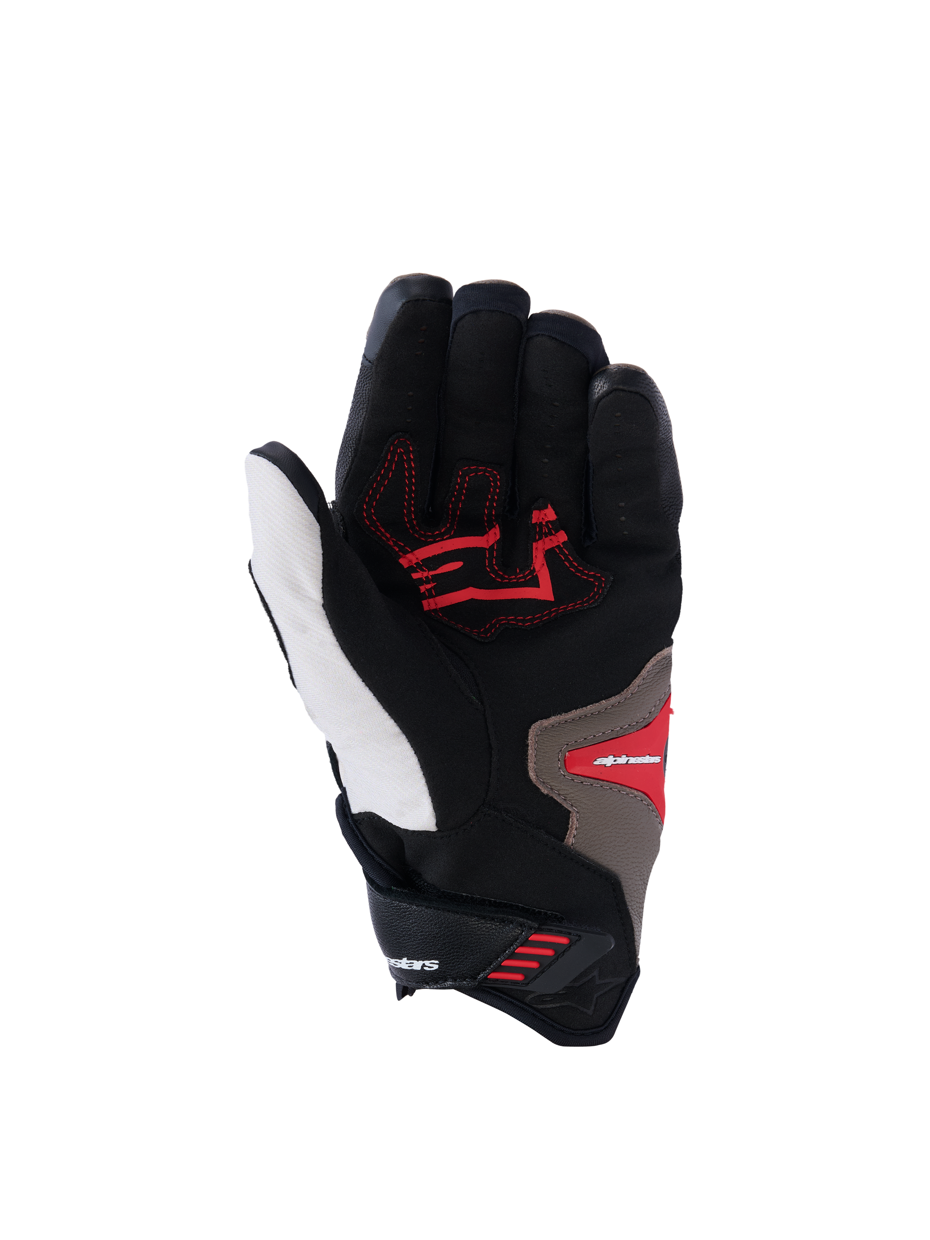 Alpinestars SP-R Pro Handschuhe, Handflächenansicht, Farbgebung Walnut Mastic Black, mit roten Grip-Einsätzen auf einer schwarz-weißen Basis mit hellbraunen Akzenten, Sport-Motorradhandschuhe mit kurzer Stulpe, verstärkte Handfläche und ergonomisches Design.