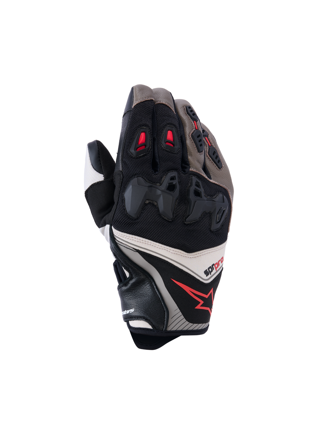 Alpinestars SP-R Pro Handschuhe, Motorrad-Rennhandschuhe, Walnuss, Mastic und Schwarz mit roten Akzenten, geteilter Hartschalen-Knöchelschutz, Leder- und Textilkonstruktion, sportliches Performance-Design