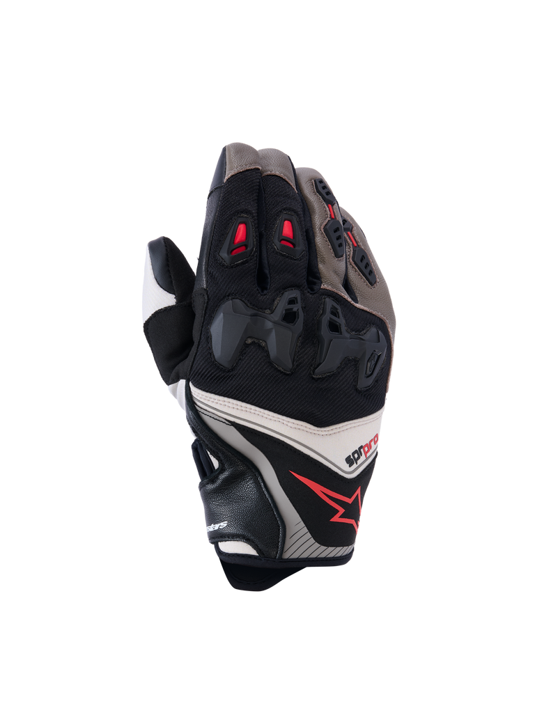 Alpinestars SP-R Pro, gants de moto pour course, noirs et gris avec accents rouges, protection renforcée des articulations, construction en cuir et textile