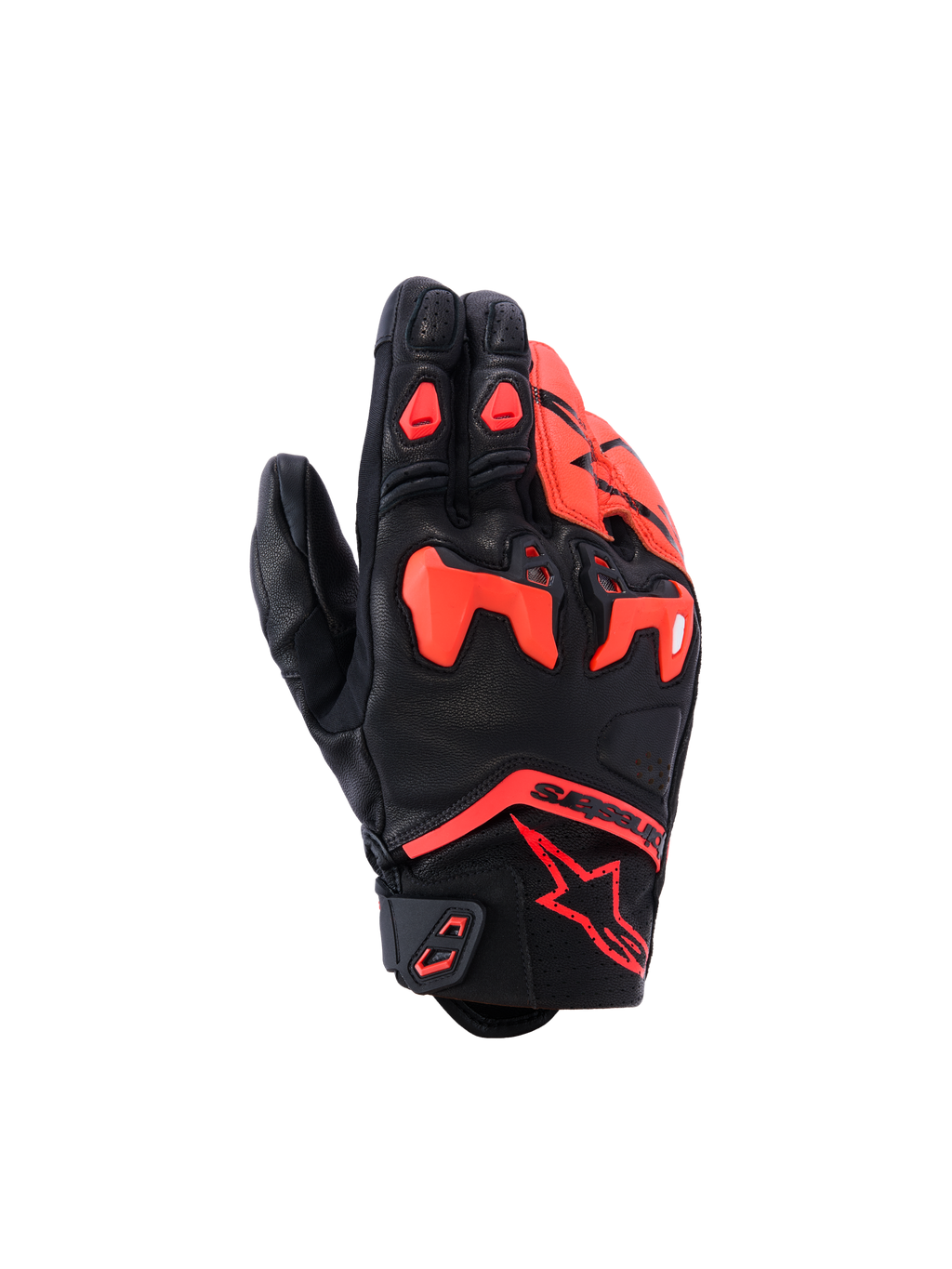 Gants Alpinestars SP-R Tech, gants de moto, noir et rouge fluo, avec protection d'articulation en TPU divisée et panneaux en cuir perforé, design sport à manchette courte avec logo Astars rouge