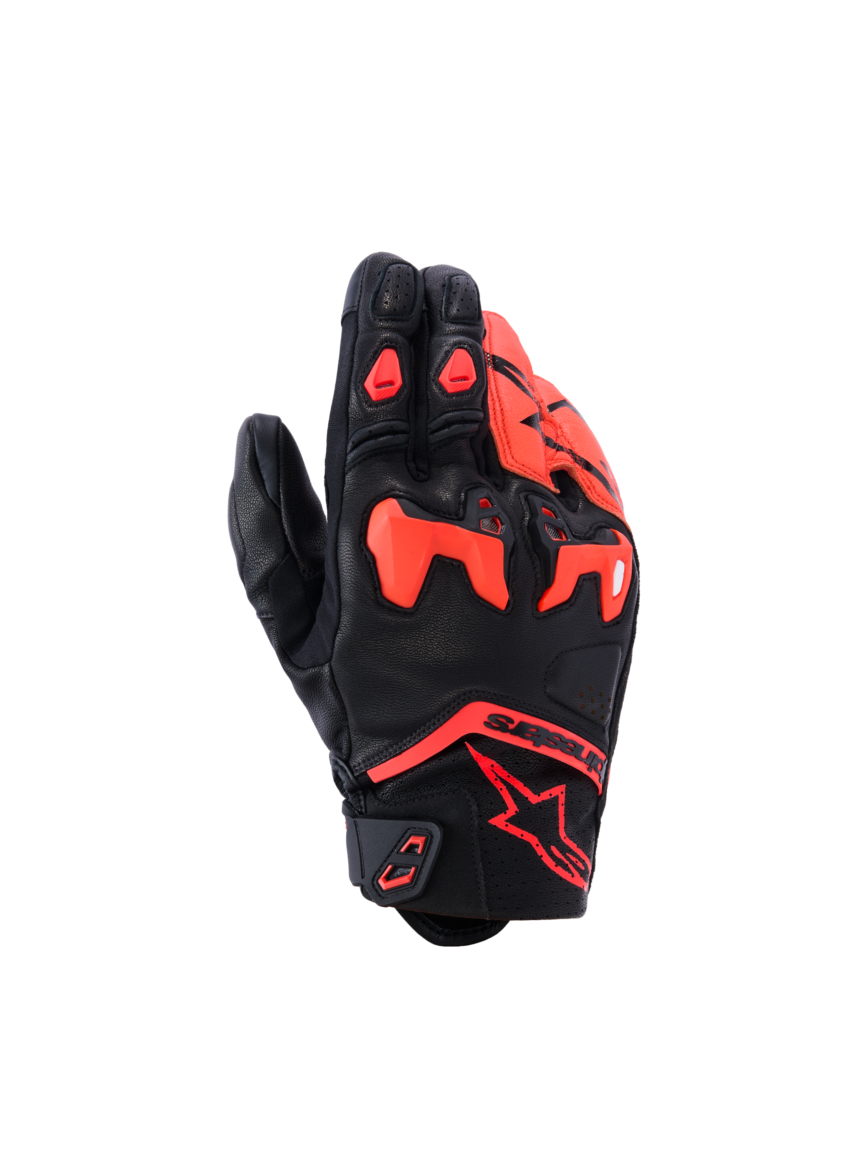 Gants Alpinestars SP-R Tech, gants de moto à manchette courte, noir et rouge fluo, avec protection d'articulation en TPU divisée, cuir de chèvre de qualité supérieure et logo étoile Alpinestars sur le poignet