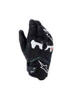 Gants Alpinestars SP-R Tech, gants de moto de course, noirs avec accents blancs et rouges, protection renforcée des articulations, surface texturée avec doigts rembourrés, sangle de poignet Velcro, design sportif moderne