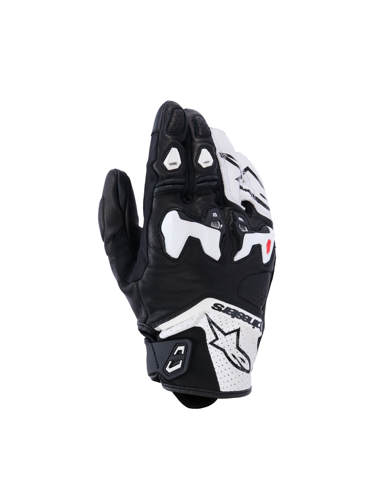 Alpinestars SP-R Tech handschoenen, motorracehandschoenen, zwart en wit, met witte TPU verdeelde knokkelbeschermer, geperforeerde lederen constructie, Alpinestars-branding op de manchet en rode vingeraccenten, sportief ontwerp met korte manchet