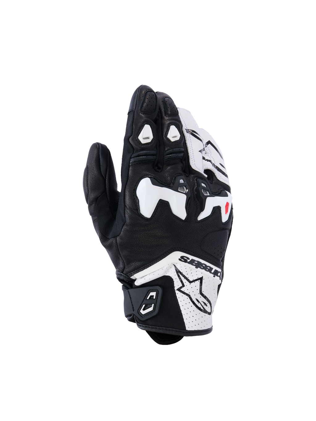 Gants Alpinestars SP-R Tech, gants de moto de course, noirs et blancs, dotés d'une protection d'articulations divisée en TPU blanc, construction en cuir perforé, logo Alpinestars sur la manchette et accents rouges sur les doigts, design sport à manchette courte.