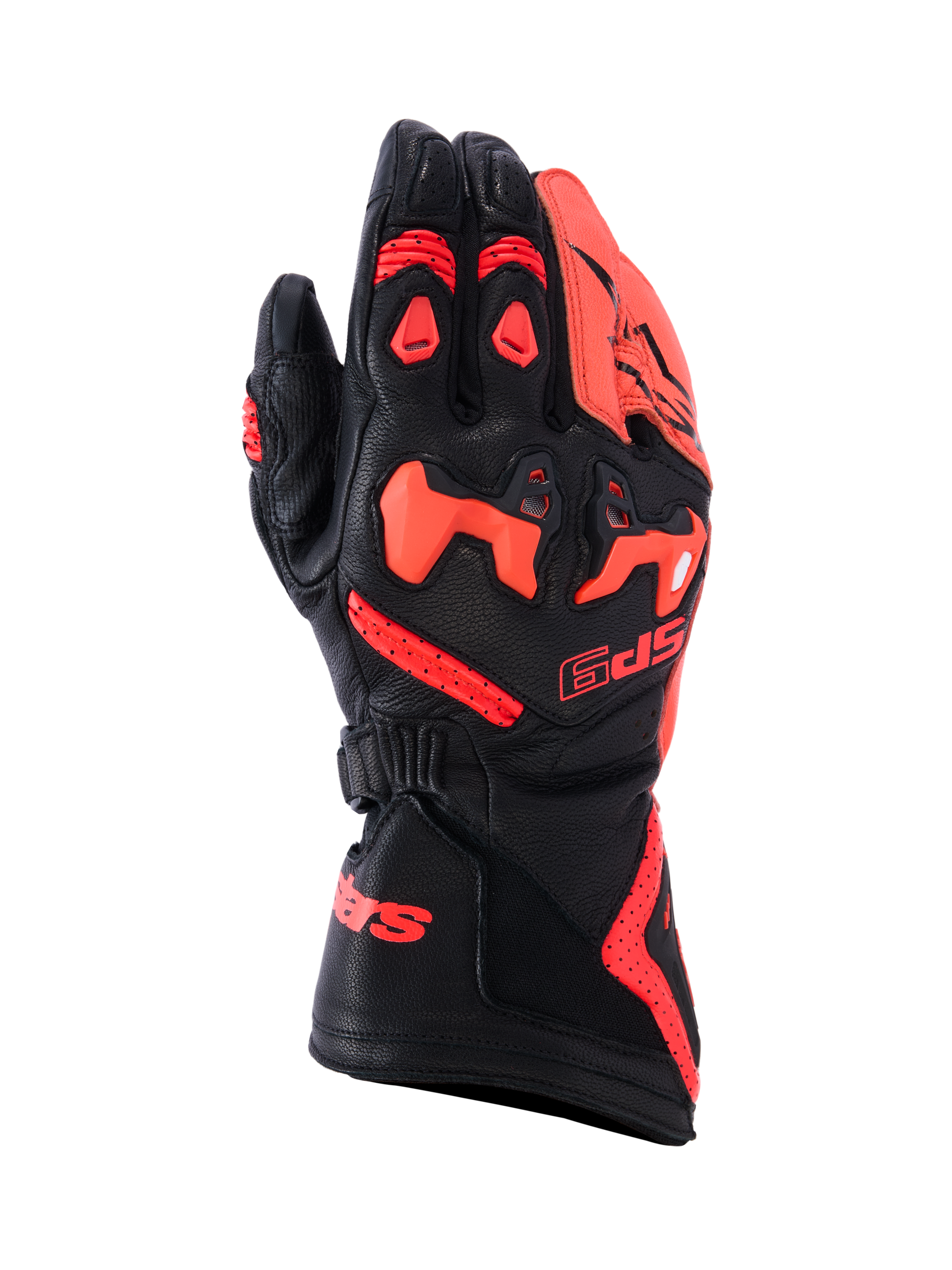 Alpinestars SP-9 Handschuhe, Renn- und Sport-Motorradhandschuhe, Schwarz und Fluo-Rot, Konstruktion aus vollnarbigem Ziegenleder mit geteiltem SP-R TPU-Knöchelschutz, perforierte Rückhand für Luftzirkulation, lange Manschette mit markantem rotem Branding, Hochleistungs-Schutzausrüstung für sportliches Fahren.