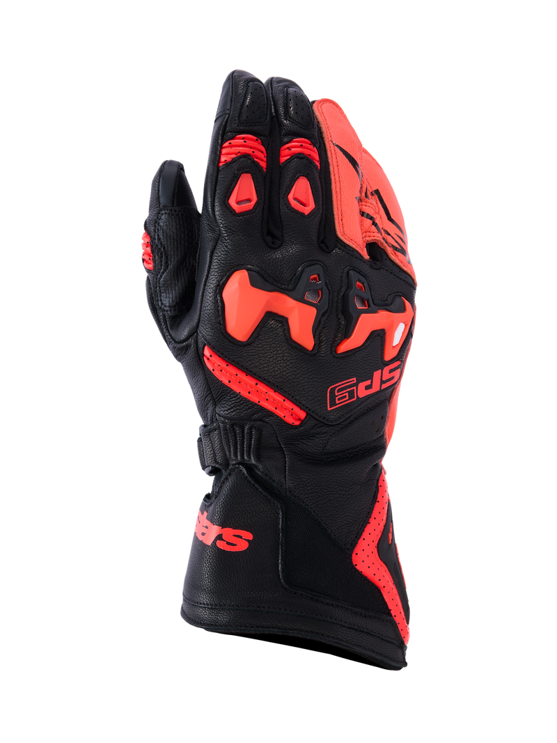 Gants Alpinestars SP-9, gants de moto racing et sport, noir et rouge fluo, conception en cuir de chèvre pleine fleur avec protection des articulations SP-R divisée en TPU, dos de la main perforé pour la circulation de l'air, manchette longue avec logo rouge, équipement de protection haute performance pour la conduite sportive.