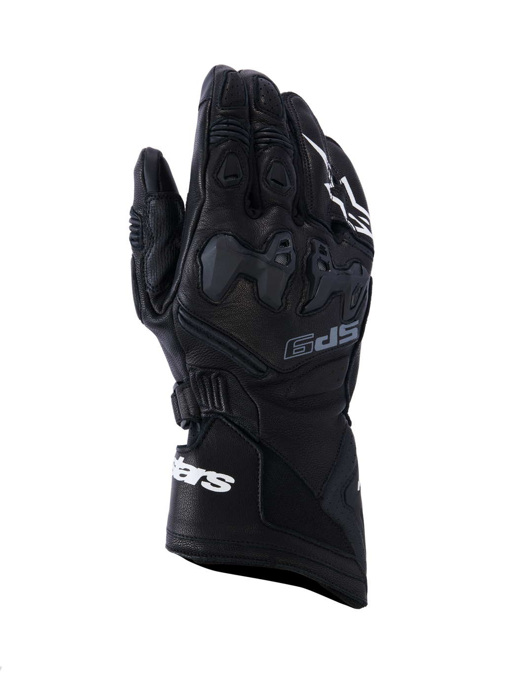 Gants Alpinestars SP-9, gants de moto racing noirs, cuir pleine fleur avec protection des articulations en TPU SP-R, manchette longue avec logo Alpinestars blanc, détails perforés et design sportif ergonomique