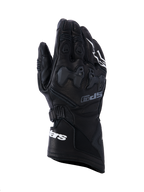Gants Alpinestars SP-9, gants de moto racing noirs, cuir pleine fleur avec protection des articulations en TPU SP-R, manchette longue avec logo Alpinestars blanc, détails perforés et design sportif ergonomique