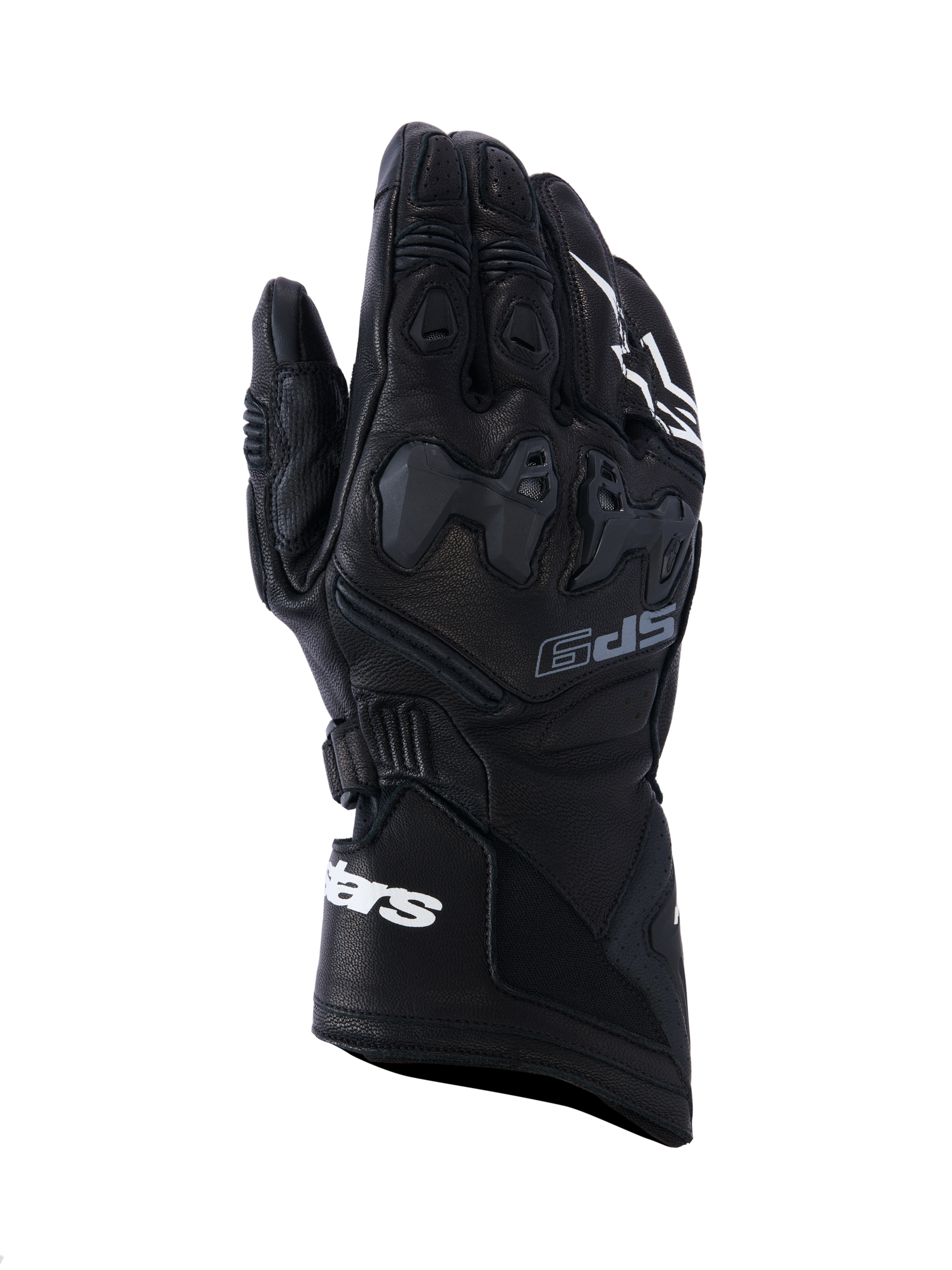 Gants Alpinestars SP-9, gants de moto racing noirs, cuir pleine fleur avec protection des articulations en TPU SP-R, manchette longue avec logo Alpinestars blanc, détails perforés et design sportif ergonomique
