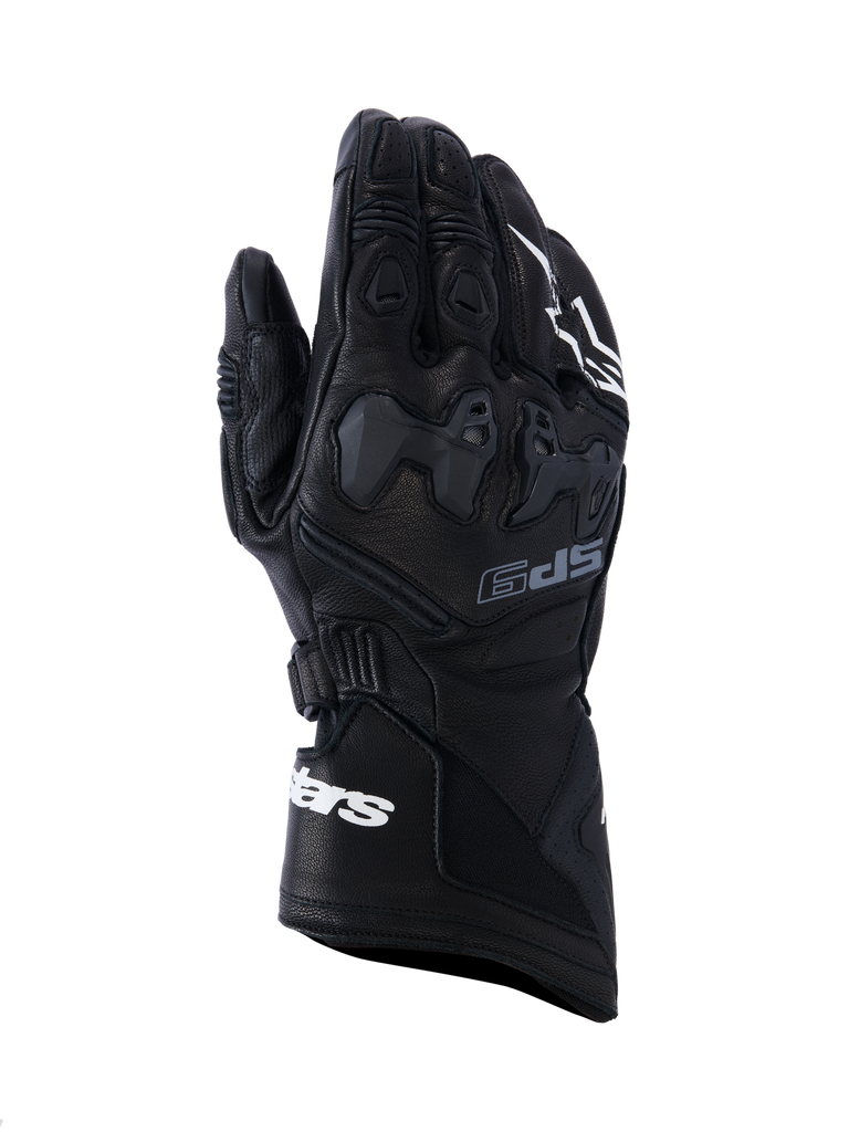 Alpinestars SP-9 Gloves, Black Motorcycle Racing Gloves, full-grain leather with SP-R TPU knuckle protection, long cuff with white Alpinestars branding, perforated details and ergonomic sport design