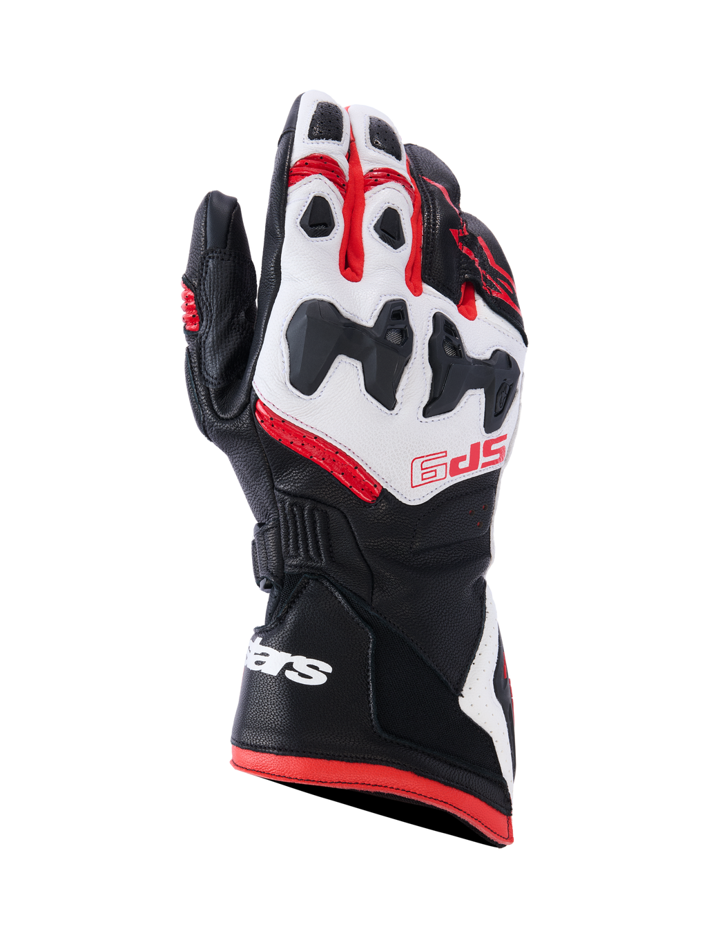 Gants Alpinestars SP-9, gants de course moto, noir, blanc et rouge vif, dotés d'une protection d'articulation divisée SP-R, cuir de chèvre perforé, marquage SP-9 rouge sur le dos de la main et logo blanc sur la manchette longue à double fermeture.