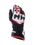 Gants Alpinestars SP-9, gants de course moto, noir, blanc et rouge vif, dotés d'une protection d'articulation divisée SP-R, cuir de chèvre perforé, marquage SP-9 rouge sur le dos de la main et logo blanc sur la manchette longue à double fermeture.