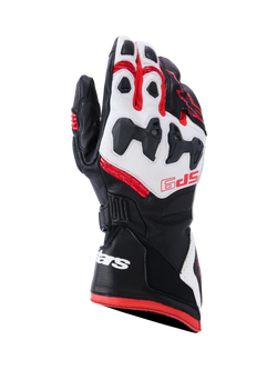 Alpinestars SP-9 handschoenen, motorracehandschoenen, zwart, wit en felrood, voorzien van SP-R verdeelde knokkelbescherming, geperforeerd geitenleer, rode SP-9 branding op de rugzijde en wit logo op de lange manchet met dubbele sluiting.