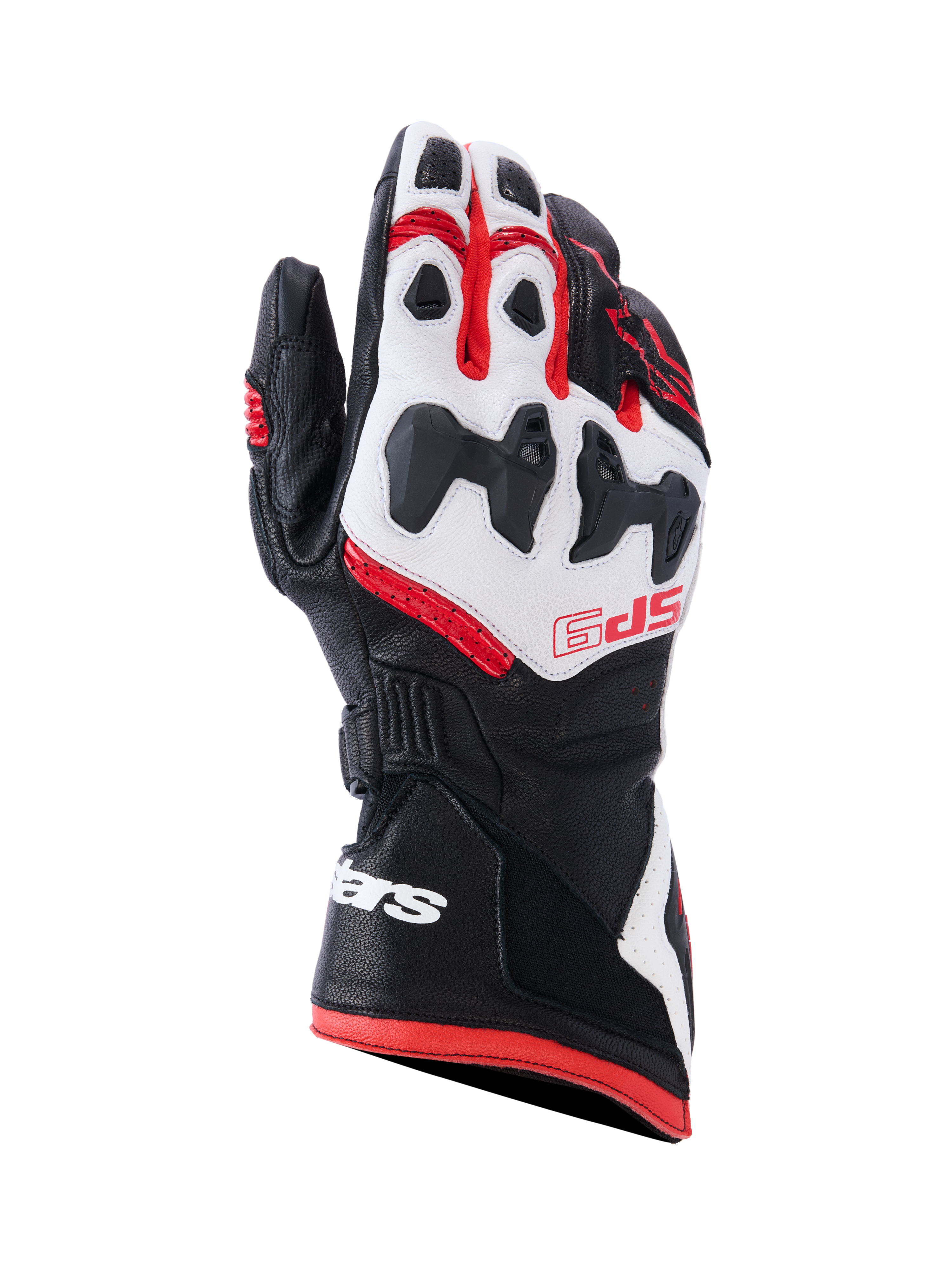 Alpinestars SP-9 Handschuhe, Motorrad-Rennsport-Handschuhe, Schwarz, Weiß und Hellrot, mit geteiltem SP-R Knöchelschutz, perforiertem Ziegenleder, rotem SP-9-Branding auf dem Handrücken und weißem Logo auf der langen Doppelverschluss-Manschette.