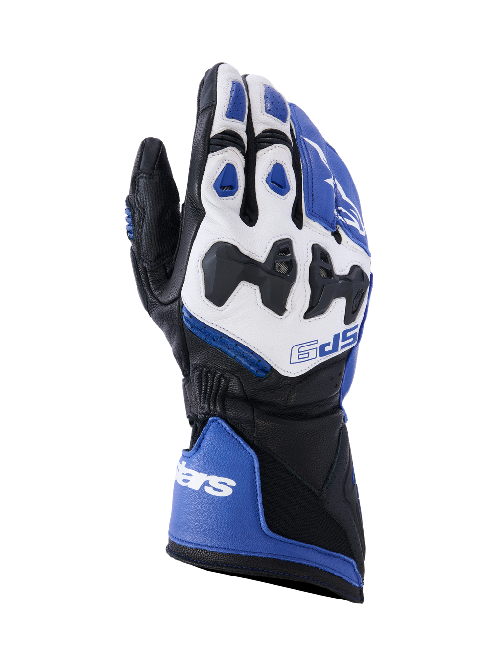 Gants Alpinestars SP-9, gants de moto racing et sport, bleu vif, blanc et noir, construction en cuir de chèvre avec protection d'articulations divisée SP-R, manchette longue à double fermeture, design sportif pour la performance sur piste et sur route.