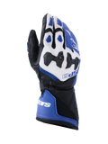 Gants Alpinestars SP-9, gants de moto racing et sport, bleu vif, blanc et noir, construction en cuir de chèvre avec protection d'articulations divisée SP-R, manchette longue à double fermeture, design sportif pour la performance sur piste et sur route.