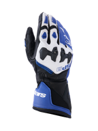 Gants Alpinestars SP-9, gants de moto racing et sport, bleu vif, blanc et noir, construction en cuir de chèvre avec protection d'articulations divisée SP-R, manchette longue à double fermeture, design sportif pour la performance sur piste et sur route.