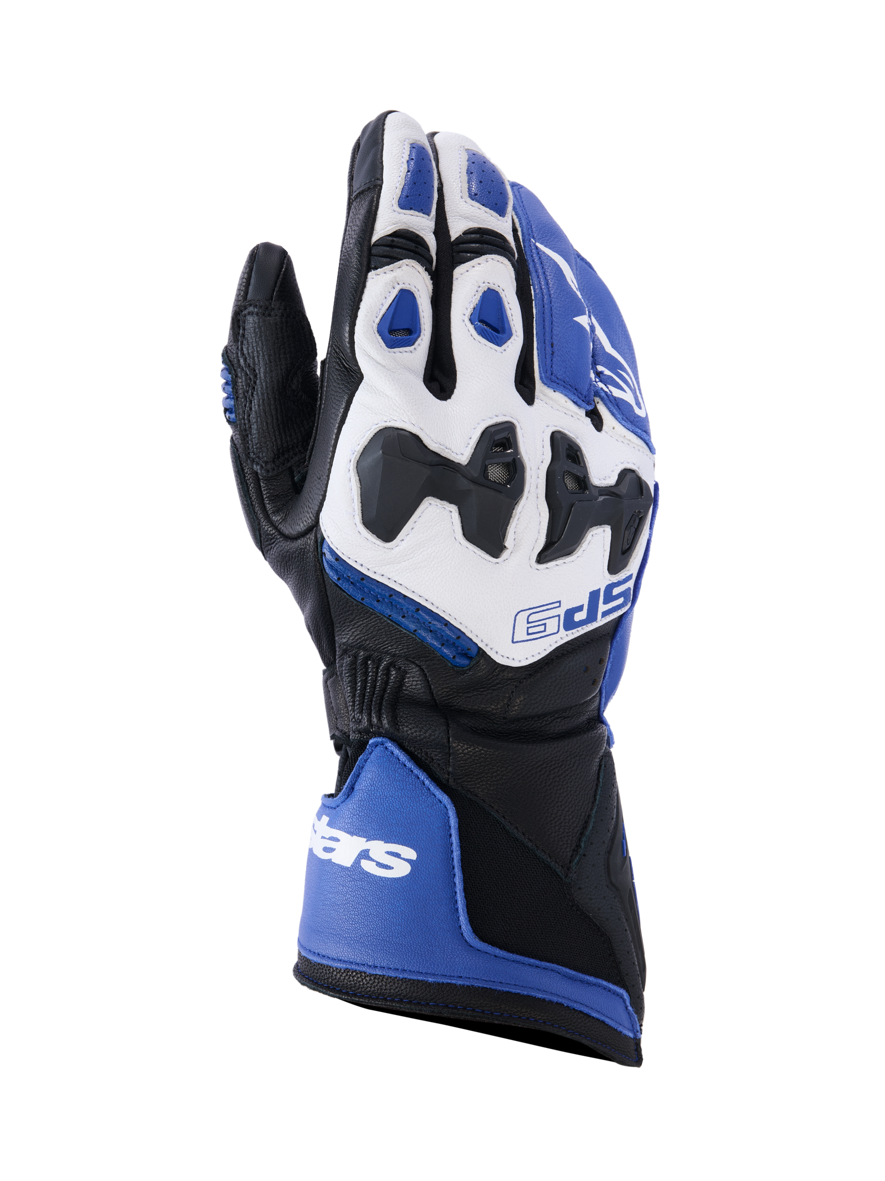 Alpinestars SP-9 handschoenen, motorrace- en sporthandschoenen, helderblauw, wit en zwart, geitenleren constructie met SP-R verdeelde knokkelbescherming, lange manchet met dubbele sluiting, sportief ontwerp voor circuit- en straatgebruik.