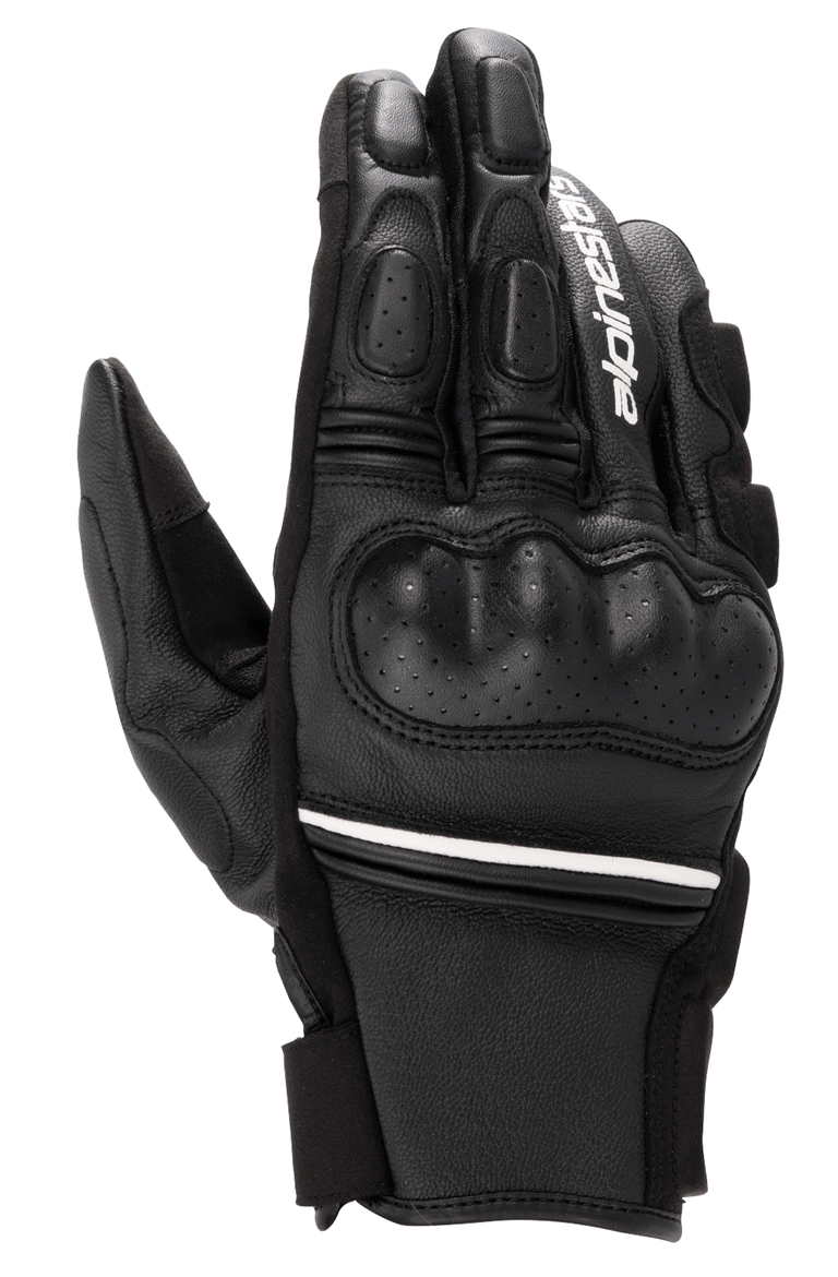 A black and white Alpinestars EU Phenom Leather Glove displaying the palm side, highlighting protective knuckle padding, perforated leather for breathability, and a Velcro strap at the wrist for a secure fit. The Alpinestars logo is visible on the side of these sport performance gloves.