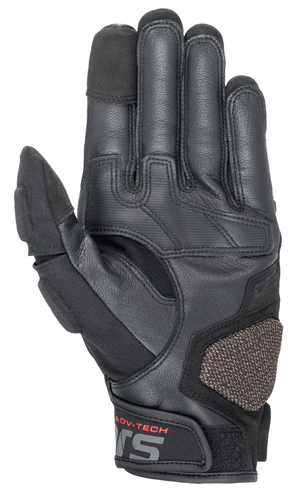 Alpinestars Halo Leren Handschoenen, adventure motorhandschoenen, zwart, zicht op de palmzijde met leer- en textielconstructie, versterkte ARshield landing pad, rubberen grip en touchscreen-vriendelijke vingertoppen