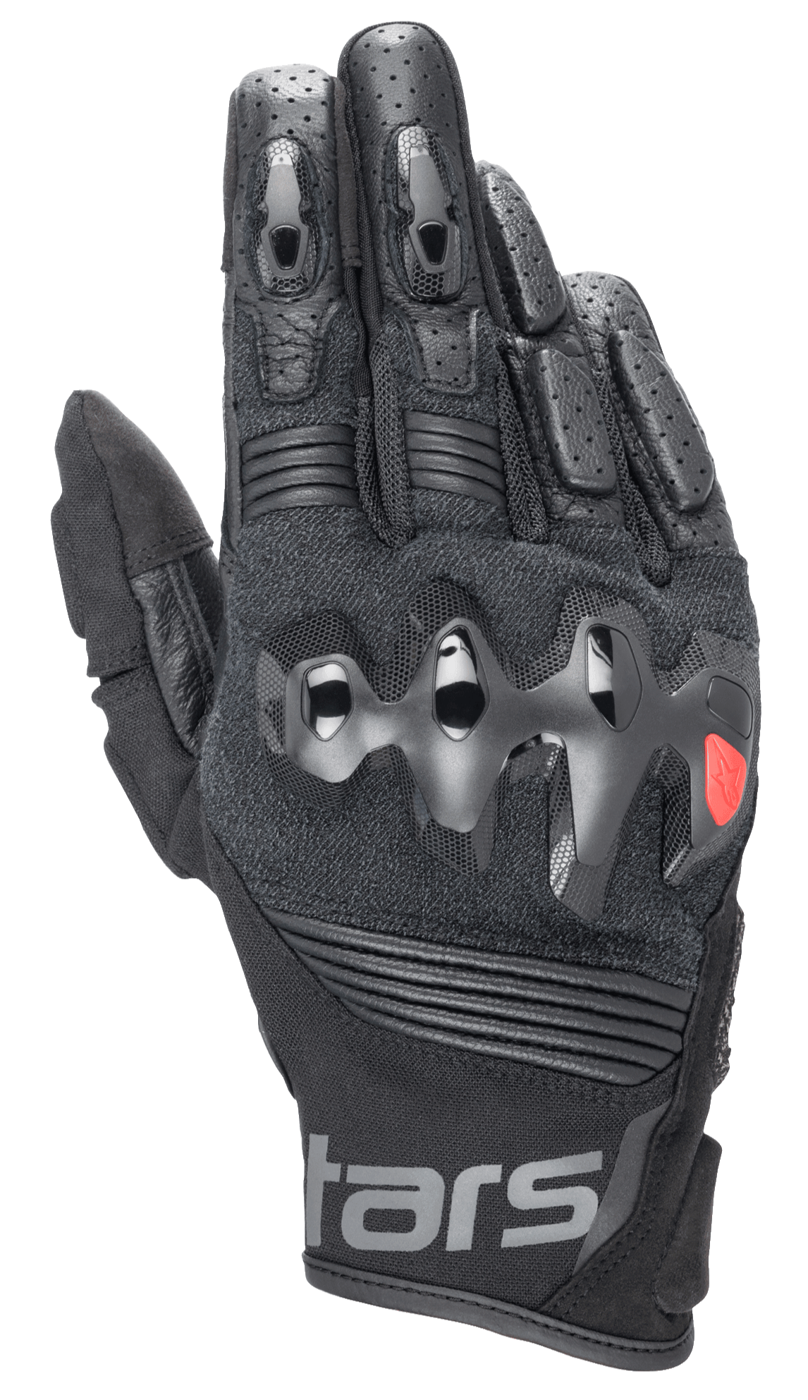Alpinestars Halo Leather Gloves, zwarte motorhandschoenen met harde overgeïnjecteerde knokkelbeschermer, geperforeerde leren vingers, mesh en leren constructie, rood logo detail