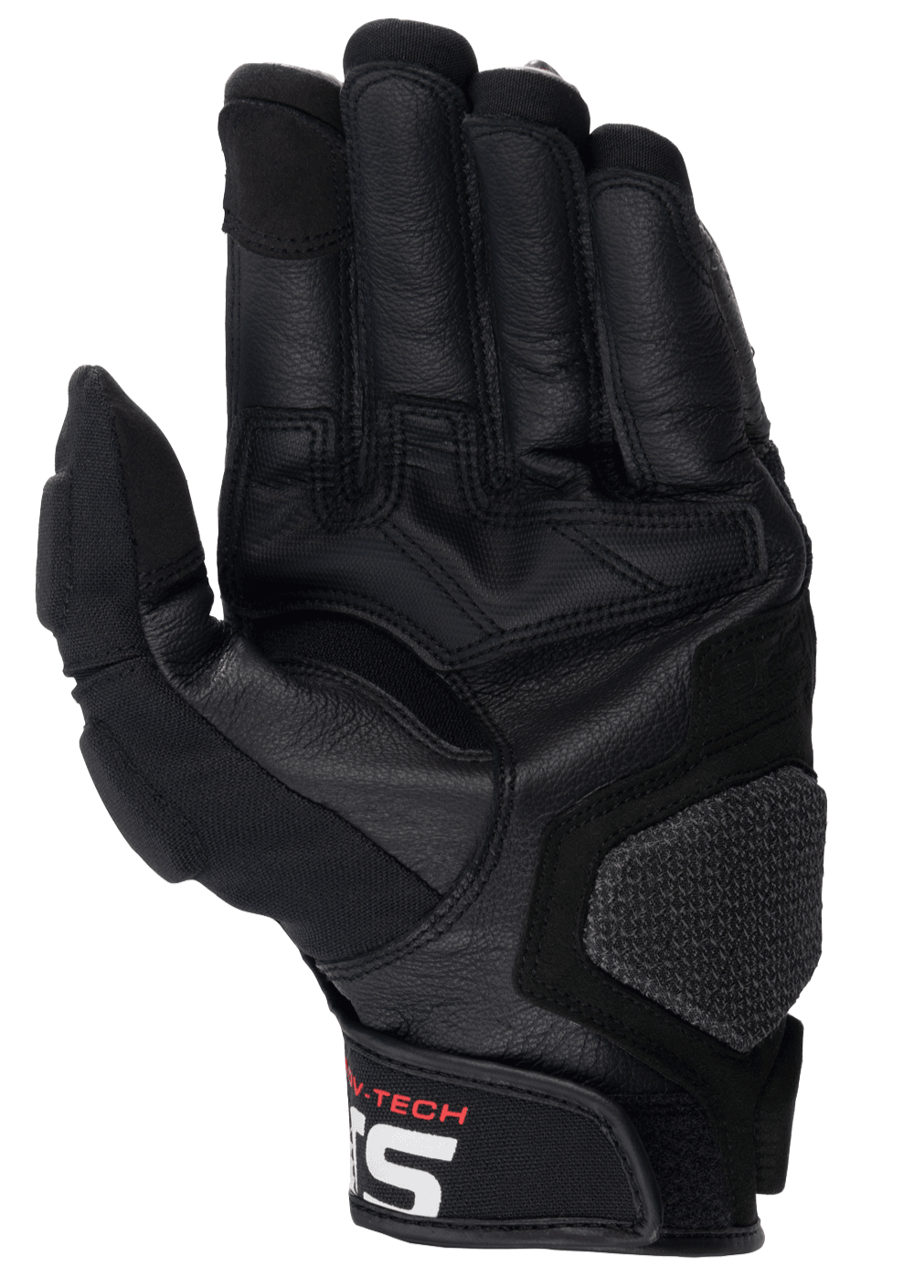 Alpinestars Halo Leren Handschoenen, motorhandschoenen, zwart, palmaanzicht met versterkt leer en rubberen grip, voorzien van een getextureerde landing pad en korte manchet met wit Alpinestars-logo, adventure touring uitrusting