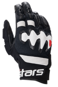Alpinestars Halo leren handschoenen, adventure motorhandschoenen, zwart en wit, voorzien van een grote witte overgeïnjecteerde knokkelbeschermer, geperforeerde leren panelen voor luchtstroom en een korte manchet met opvallende witte branding.