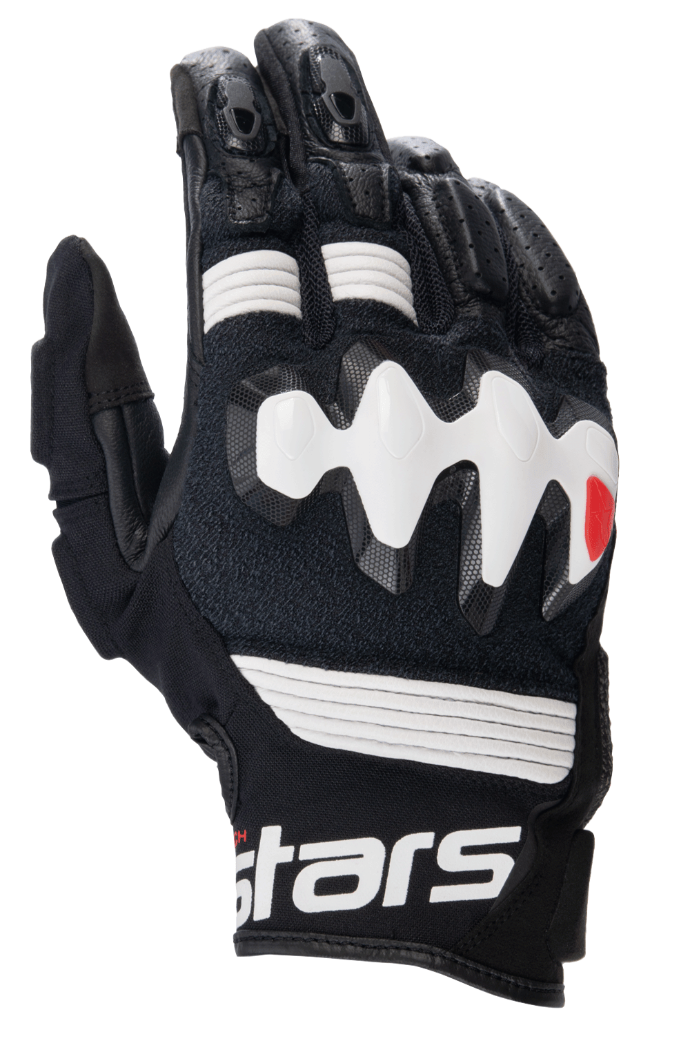 Alpinestars Halo leren handschoenen, adventure motorhandschoenen, zwart en wit, voorzien van een grote witte overgeïnjecteerde knokkelbeschermer, geperforeerde leren panelen voor luchtstroom en een korte manchet met opvallende witte branding.