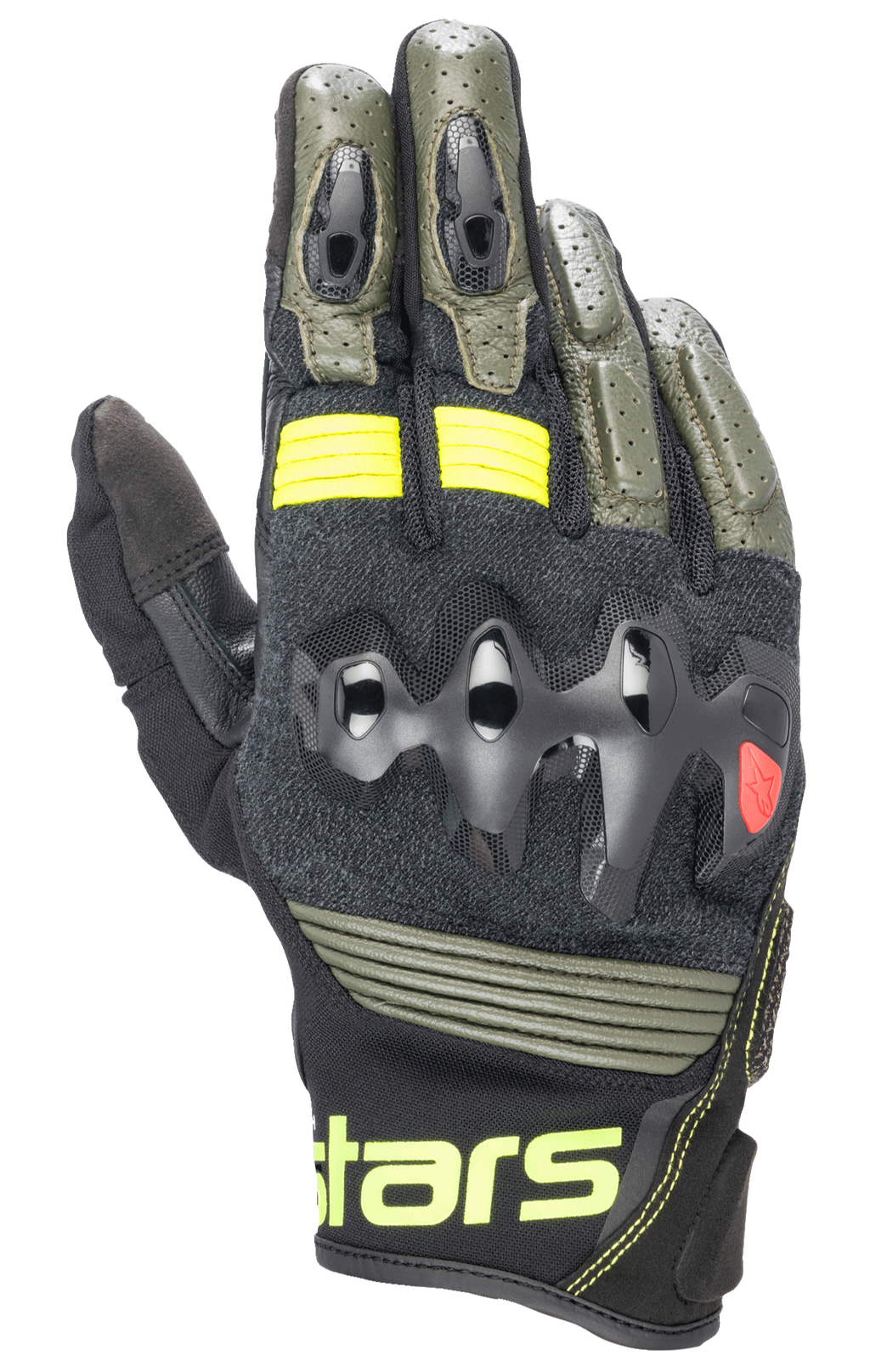 Alpinestars Halo Leather Gloves, Motorcycle Gloves, Forest Black and Yellow Fluo, Olive Green and Black with Neon Yellow accents, Over-injected Knuckle Protection, Perforated Leather Construction, Adventure Touring Style