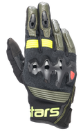 Alpinestars Halo Leather Gloves, Motorcycle Gloves, Forest Black and Yellow Fluo, Olive Green and Black with Neon Yellow accents, Over-injected Knuckle Protection, Perforated Leather Construction, Adventure Touring Style