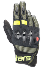 Alpinestars Halo Leather Gloves, Motorcycle Gloves, Forest Black and Yellow Fluo, Olive Green and Black with Neon Yellow accents, Over-injected Knuckle Protection, Perforated Leather Construction, Adventure Touring Style