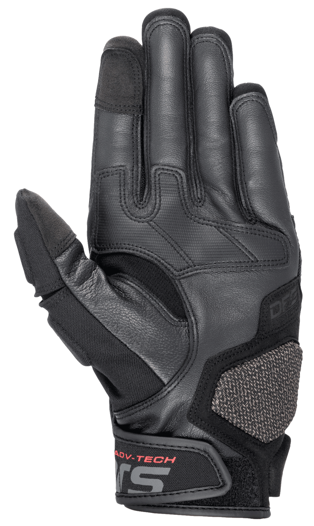 Alpinestars Halo Leren Handschoenen, Adventure Touring motorhandschoenen, donkerblauw en zwart, aanzicht van de handpalm met hoogwaardig geitenleer, rubberen gripzones, ARshield-beschermingspad en rode ADV-TECH-letters op de polssluiting.