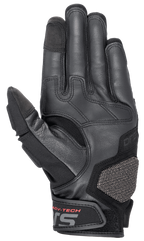 Alpinestars Halo Leren Handschoenen, Adventure Touring motorhandschoenen, donkerblauw en zwart, aanzicht van de handpalm met hoogwaardig geitenleer, rubberen gripzones, ARshield-beschermingspad en rode ADV-TECH-letters op de polssluiting.