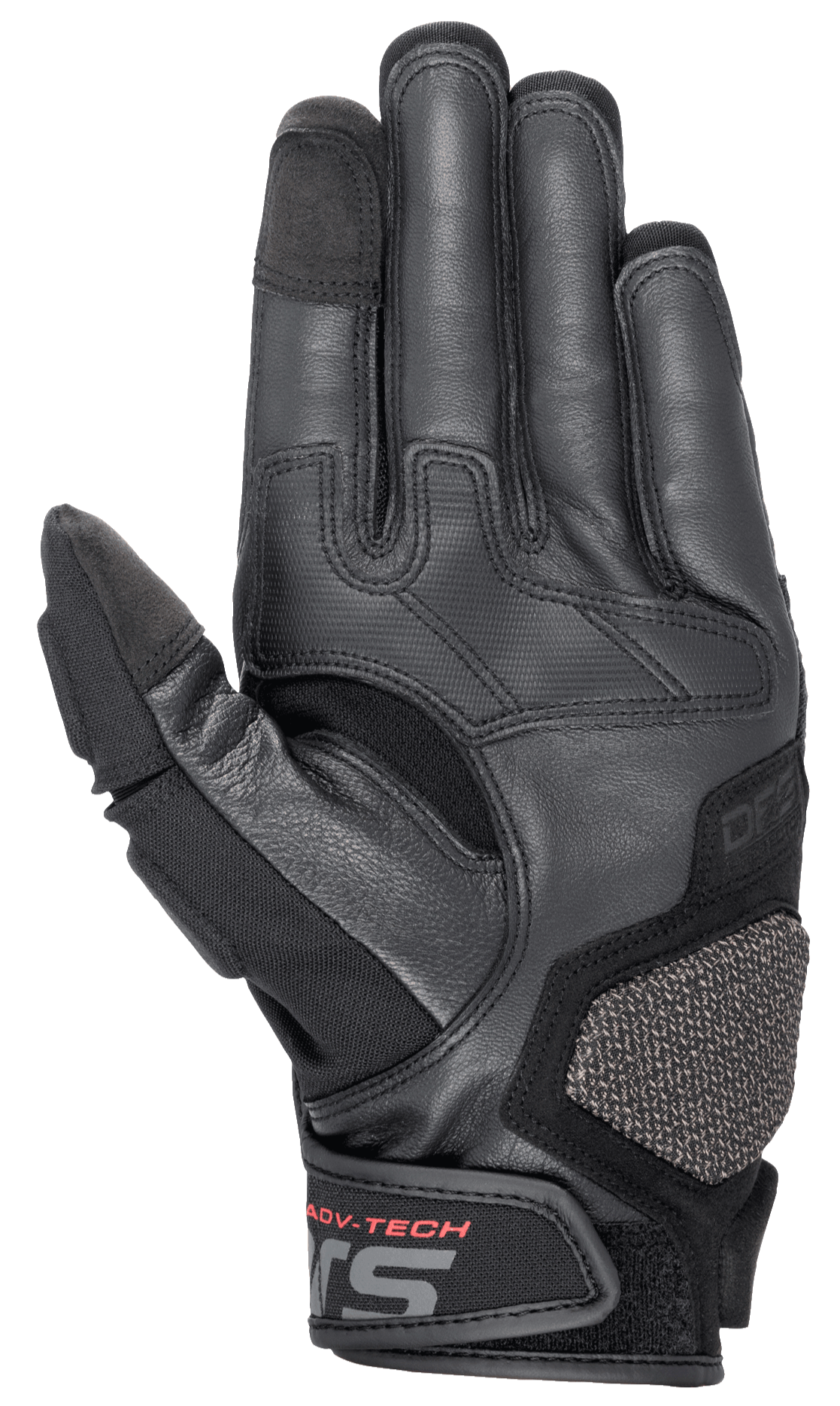 Alpinestars Halo Leren Handschoenen, Adventure Touring motorhandschoenen, donkerblauw en zwart, aanzicht van de handpalm met hoogwaardig geitenleer, rubberen gripzones, ARshield-beschermingspad en rode ADV-TECH-letters op de polssluiting.