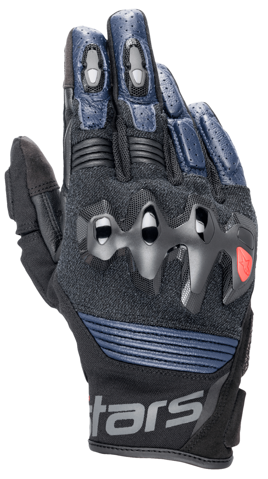 Alpinestars Halo Leren Handschoenen, motorhandschoenen, donkerblauw en zwart, voorzien van overgeïnjecteerde knokkelbescherming, geperforeerde leren vingers, mesh-panelen voor ventilatie en een kort manchetontwerp met Alpinestars-branding