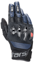 Alpinestars Halo Leren Handschoenen, motorhandschoenen, donkerblauw en zwart, voorzien van overgeïnjecteerde knokkelbescherming, geperforeerde leren vingers, mesh-panelen voor ventilatie en een kort manchetontwerp met Alpinestars-branding