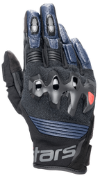 Alpinestars Halo Leren Handschoenen, motorhandschoenen, donkerblauw en zwart, voorzien van overgeïnjecteerde knokkelbescherming, geperforeerde leren vingers, mesh-panelen voor ventilatie en een kort manchetontwerp met Alpinestars-branding