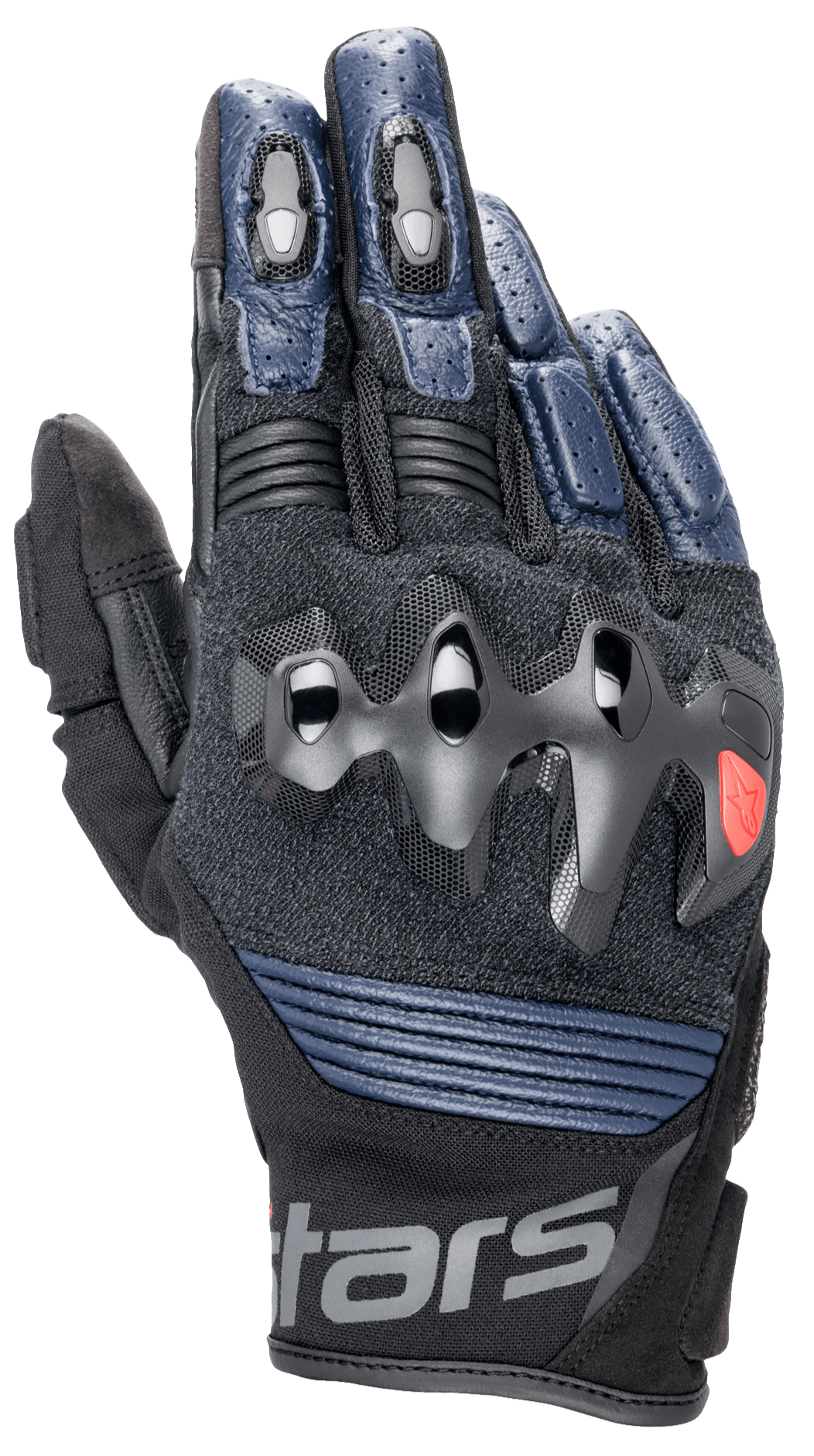 Alpinestars Halo Leren Handschoenen, motorhandschoenen, donkerblauw en zwart, voorzien van overgeïnjecteerde knokkelbescherming, geperforeerde leren vingers, mesh-panelen voor ventilatie en een kort manchetontwerp met Alpinestars-branding