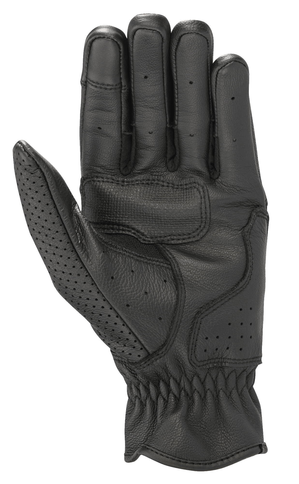 Alpinestars Rayburn V2 leren handschoenen, zwart, handpalmaanzicht, premium lederen constructie met handpalmversterking voor grip, gelokaliseerde perforaties op de vingers en duim, op erfgoed geïnspireerde stedelijke motorhandschoenen