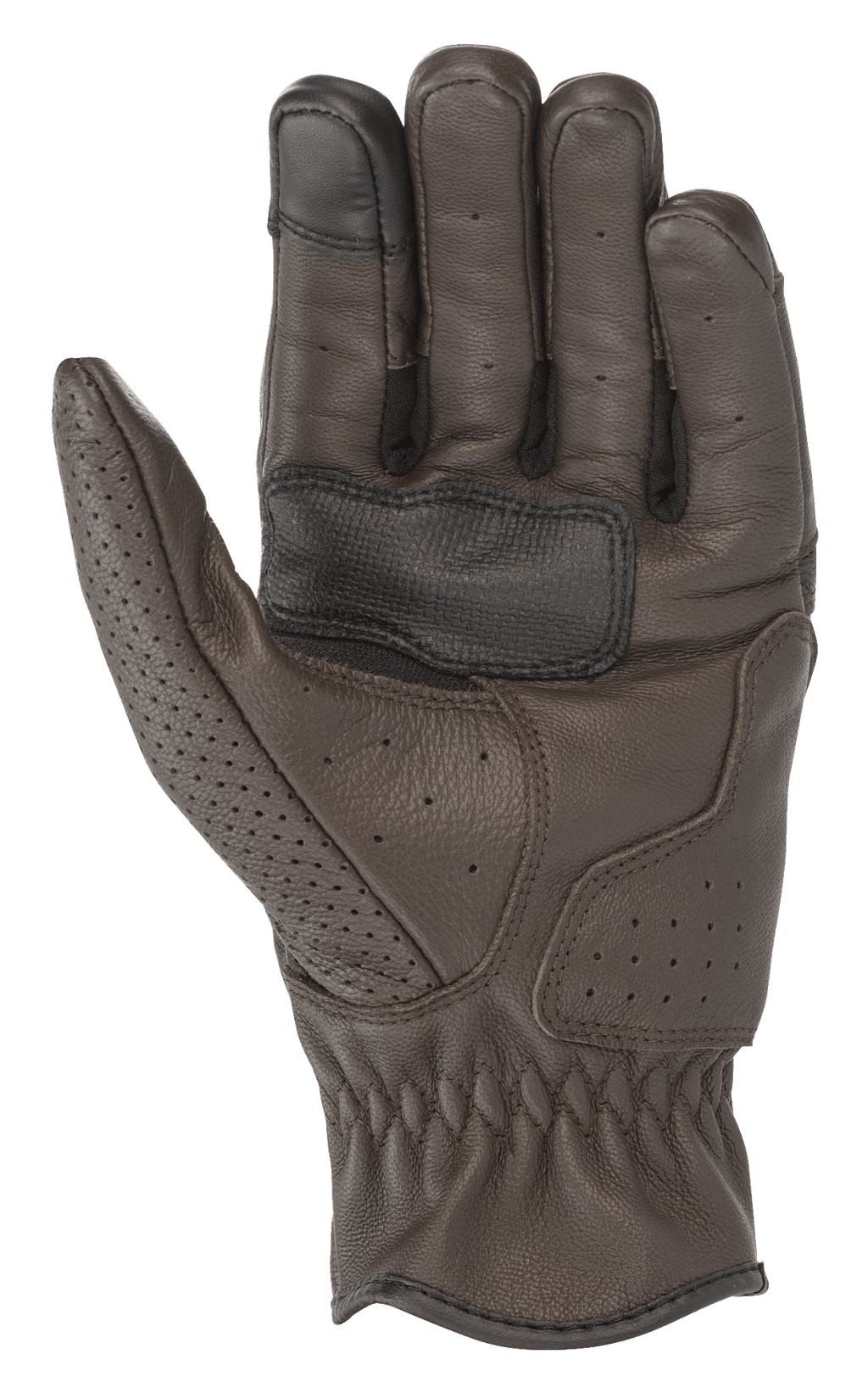 Alpinestars Rayburn V2 leren handschoenen, Tobacco Brown, weergave van de handpalm, premium lederen constructie met gelokaliseerde perforaties, versterkte handpalm voor grip en touchscreen-compatibele vingertop, op erfgoed geïnspireerde stedelijke motoruitrusting