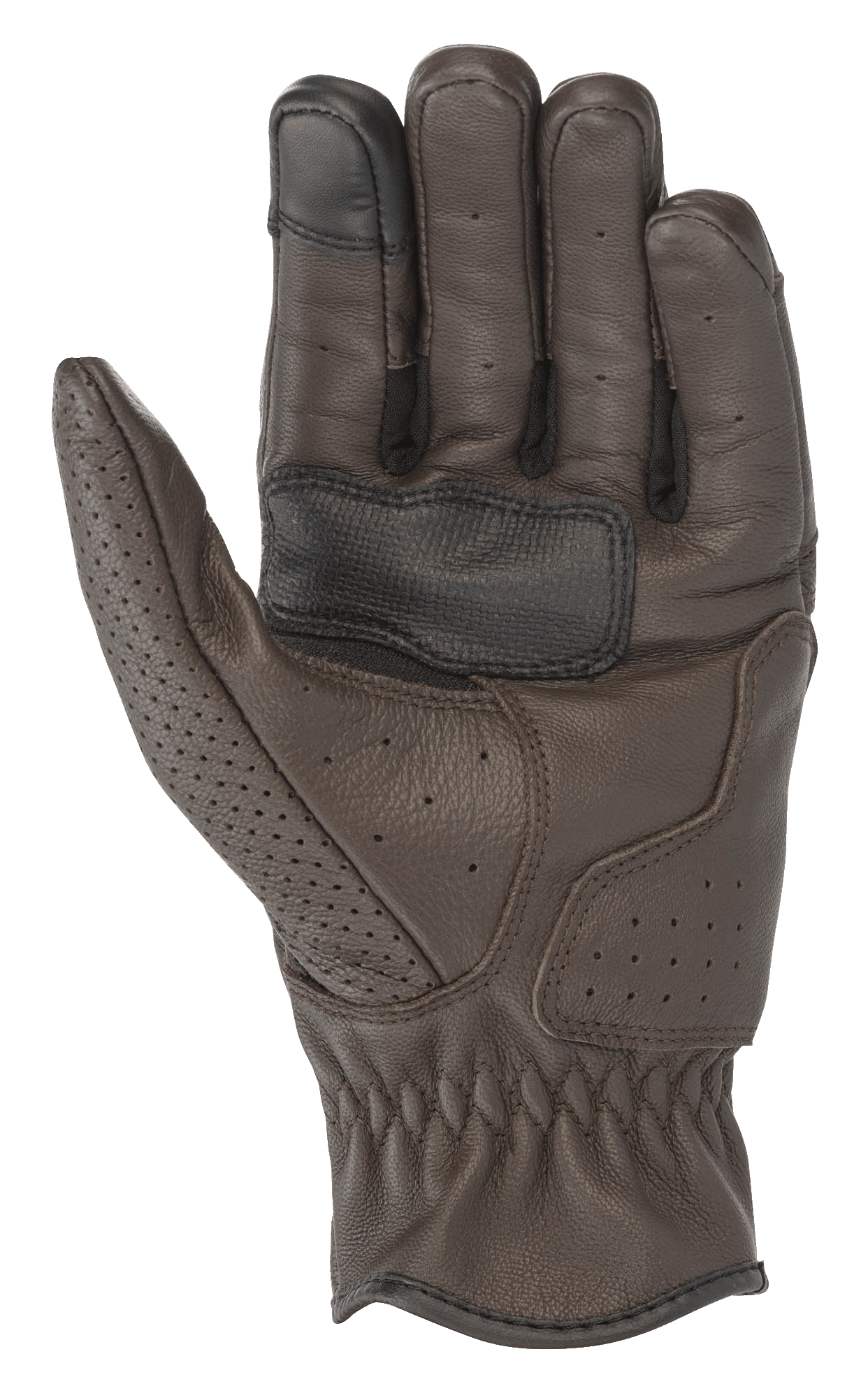 Alpinestars Rayburn V2 leren handschoenen, Tobacco Brown, weergave van de handpalm, premium lederen constructie met gelokaliseerde perforaties, versterkte handpalm voor grip en touchscreen-compatibele vingertop, op erfgoed geïnspireerde stedelijke motoruitrusting