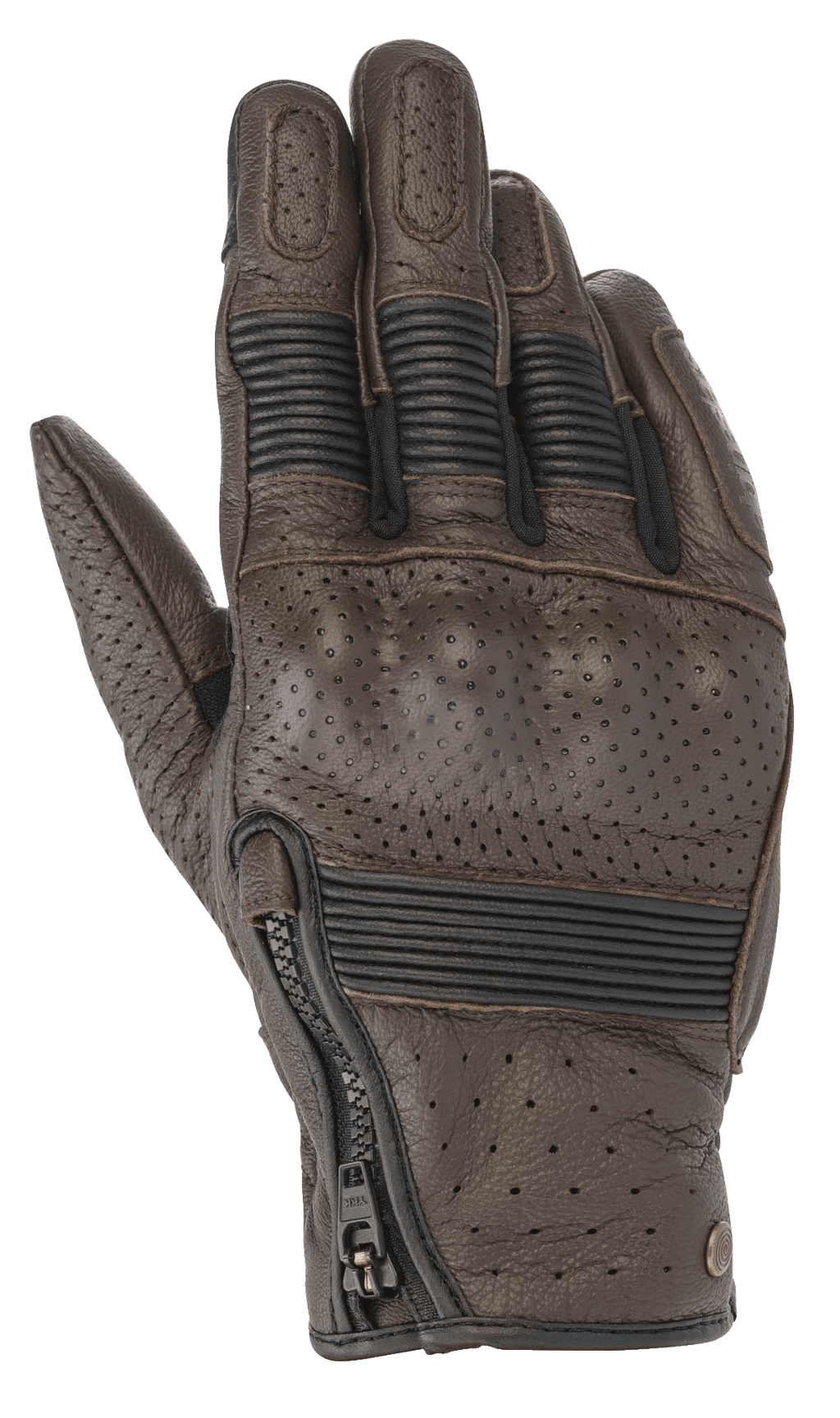 Alpinestars Rayburn V2 leren handschoenen, Tobacco Brown, vintage-geïnspireerde leren motorhandschoenen met geperforeerde panelen, bedekte harde knokkelbescherming, accordeon stretch-inzetstukken op de vingers en een ritssluiting aan de zijkant