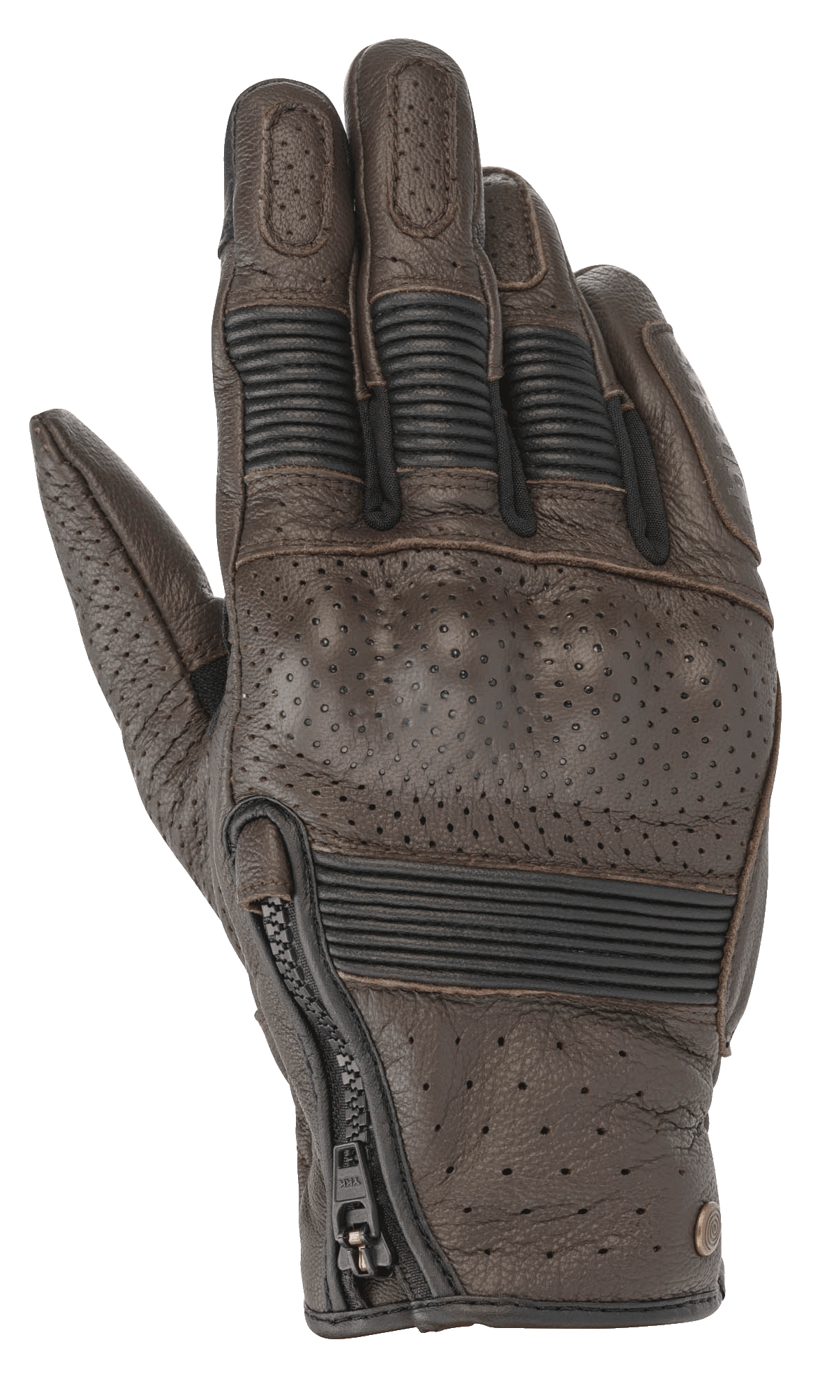 Alpinestars Rayburn V2 leren handschoenen, Tobacco Brown, vintage-geïnspireerde leren motorhandschoenen met geperforeerde panelen, bedekte harde knokkelbescherming, accordeon stretch-inzetstukken op de vingers en een ritssluiting aan de zijkant