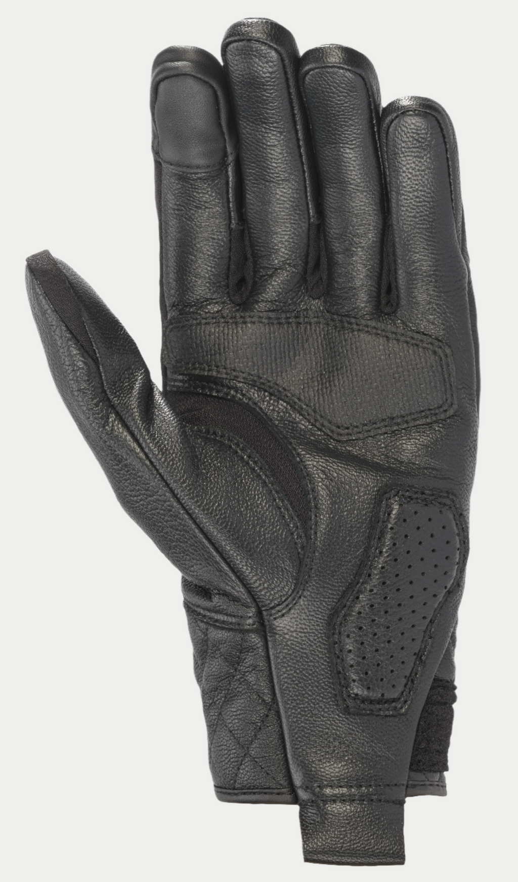 Gants Alpinestars Brass Lt, gants de moto noirs, vue de la paume montrant une construction en cuir premium avec panneaux de préhension renforcés, rembourrage perforé et détails matelassés pour un style héritage