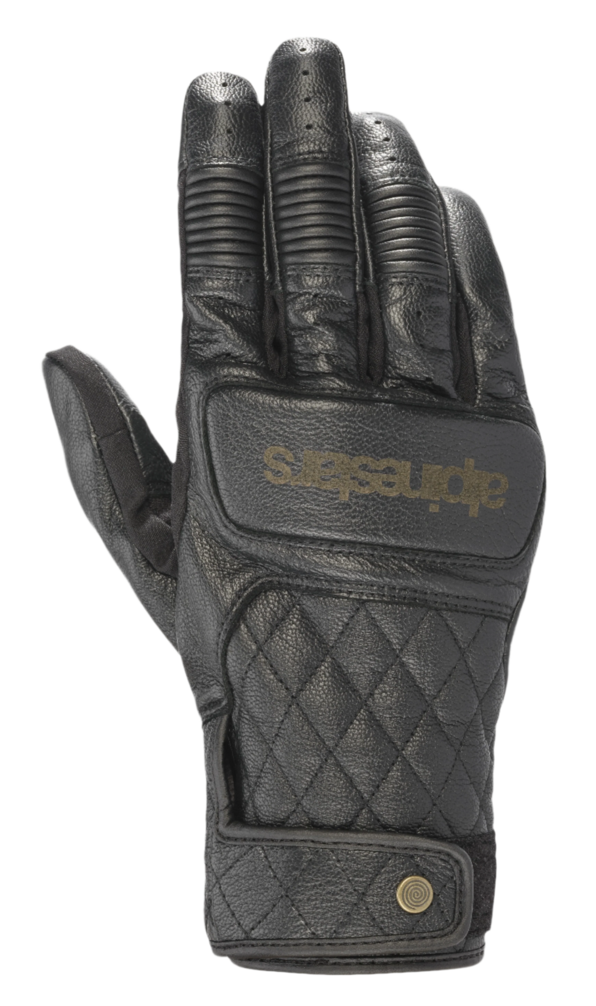 Alpinestars Brass Lt Gloves, Black leather motorcycle gloves featuring a quilted diamond pattern on the backhand, ribbed knuckle protection, perforated fingers, and gold branding with a snap button wrist closure