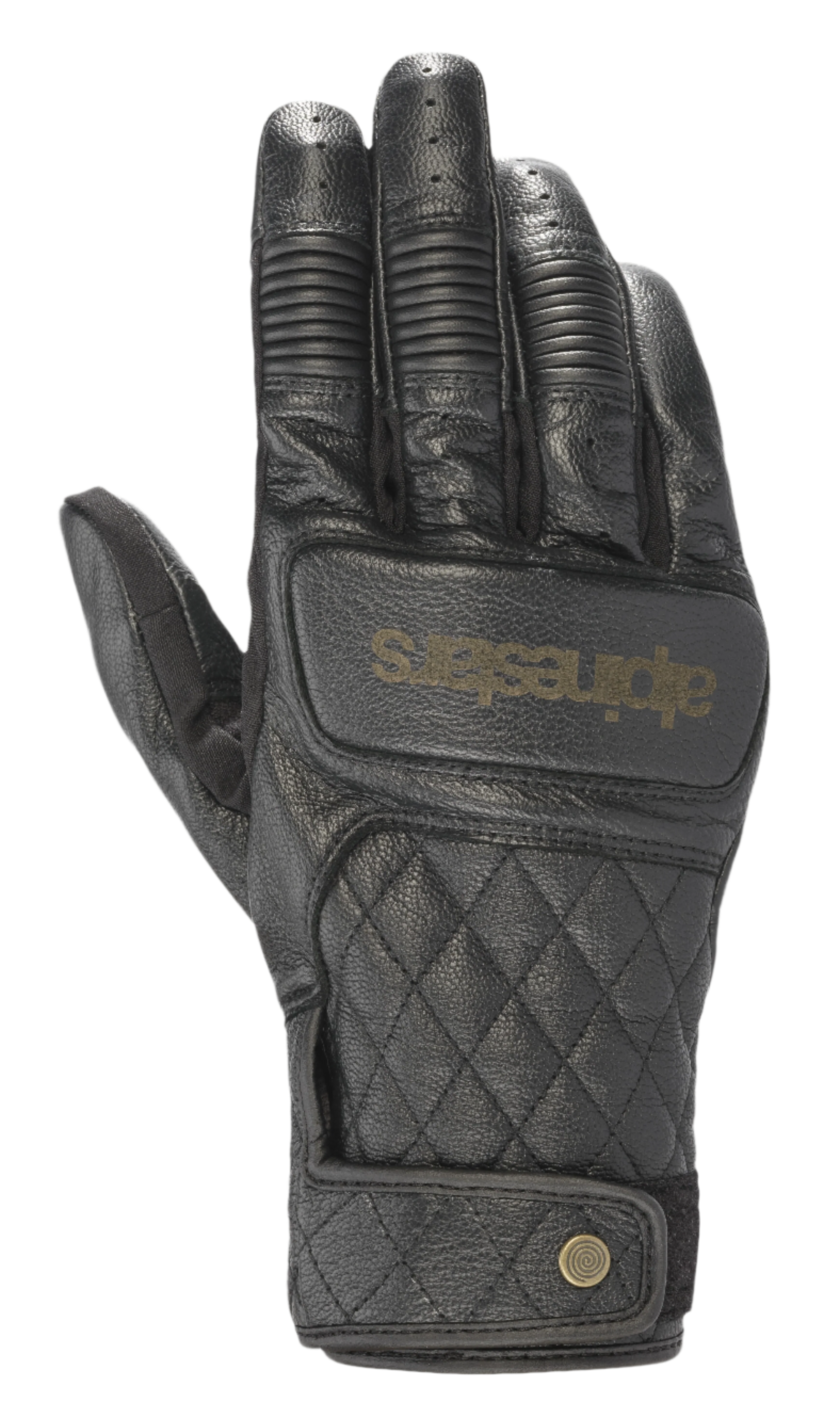 Alpinestars Brass Lt Gloves, gants de moto en cuir noir, motif à losanges matelassé sur le dos de la main, protection des articulations nervurée, doigts perforés, logo doré, fermeture par bouton-pression au poignet