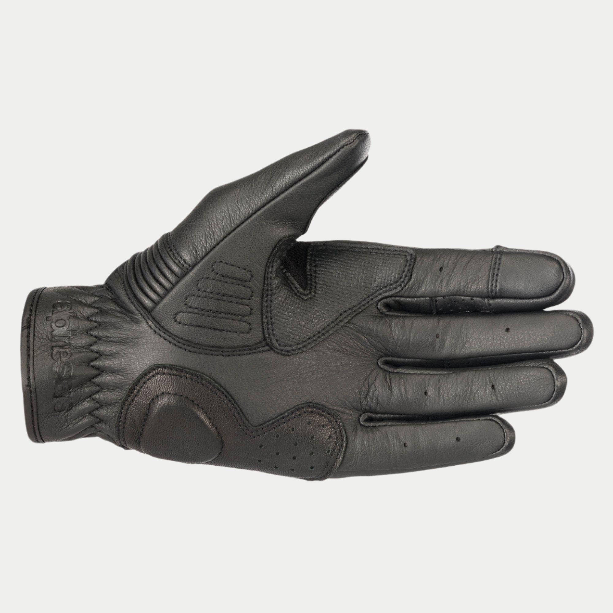 Alpinestars Crazy Eight handschoenen, motorhandschoenen, zwart, palmweergave met versterkte lederen constructie, getextureerde grippanelen op de handpalm en duim, en logo in reliëf op de polsmanchet