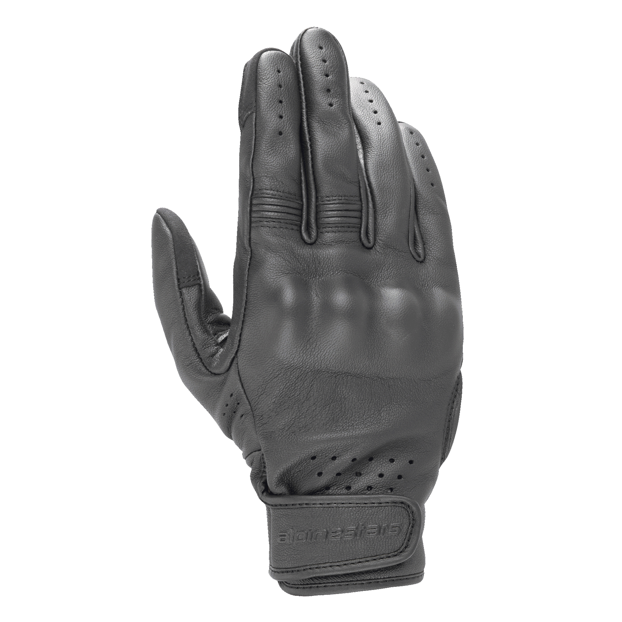 Alpinestars Dyno Lederhandschuhe, schwarze Motorradhandschuhe, Ziegenleder-Konstruktion mit abgedecktem Hartschalen-Knöchelschutz, perforierte Belüftung an Fingern und Handgelenk, Klettverschluss, minimalistisches urbanes Design