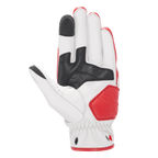 Gants en Cuir Dyno Alpinestars, gants de moto en cuir, écru et rouge rubis, vue de la paume avec renforts en cuir noir, zone d'atterrissage rembourrée rouge, extrémités de l'index et du pouce compatibles avec les écrans tactiles, construction durable en cuir de chèvre pour la conduite urbaine.